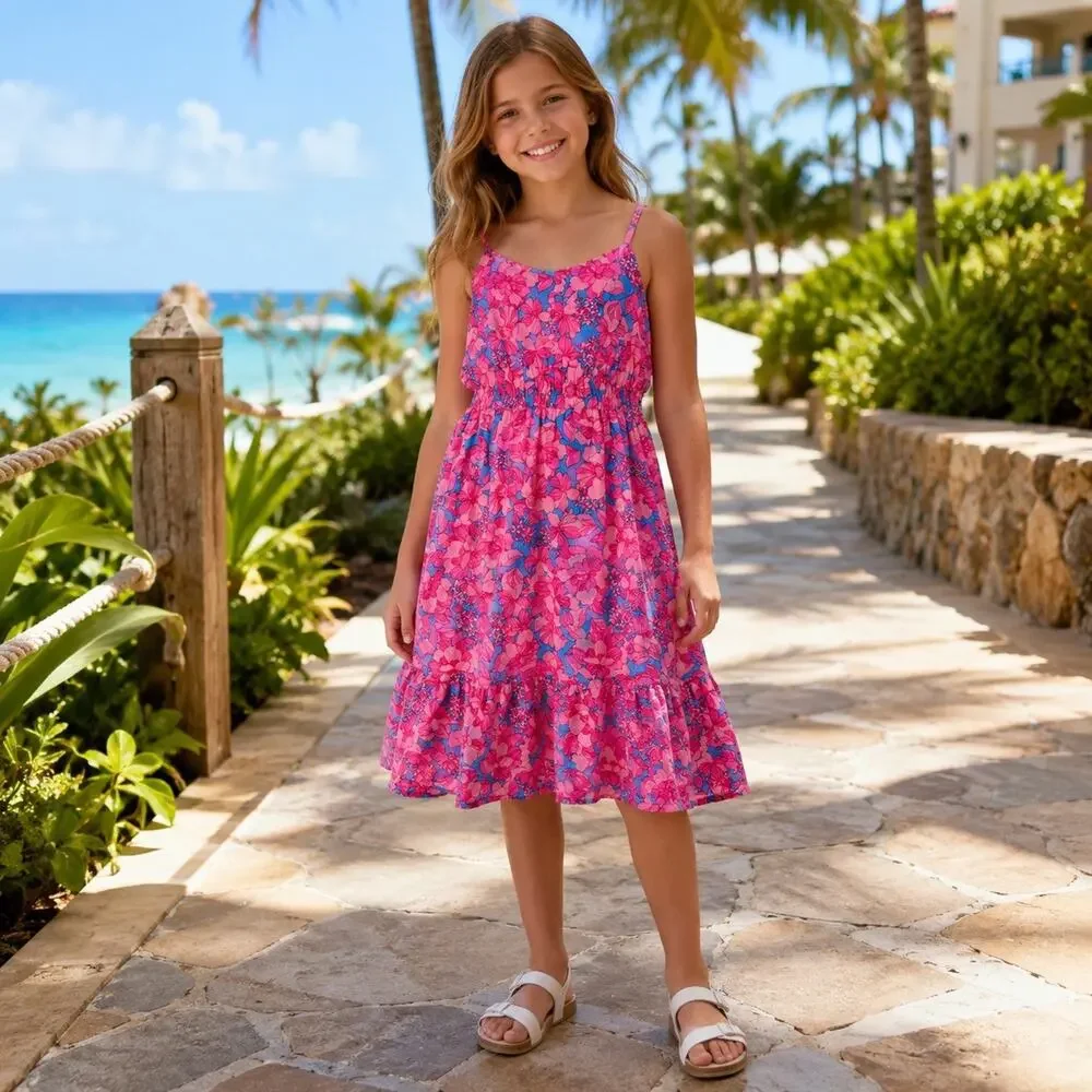 Gap Kids Girls Pink/Blue Floral Smocked Strappy Sundress Knee Length 10-12
